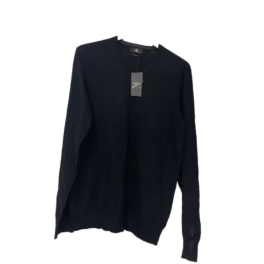 Calvin Klein Lana Merino Wool Sweater Size L Black V-Neck‎ Long Sleeve NWT